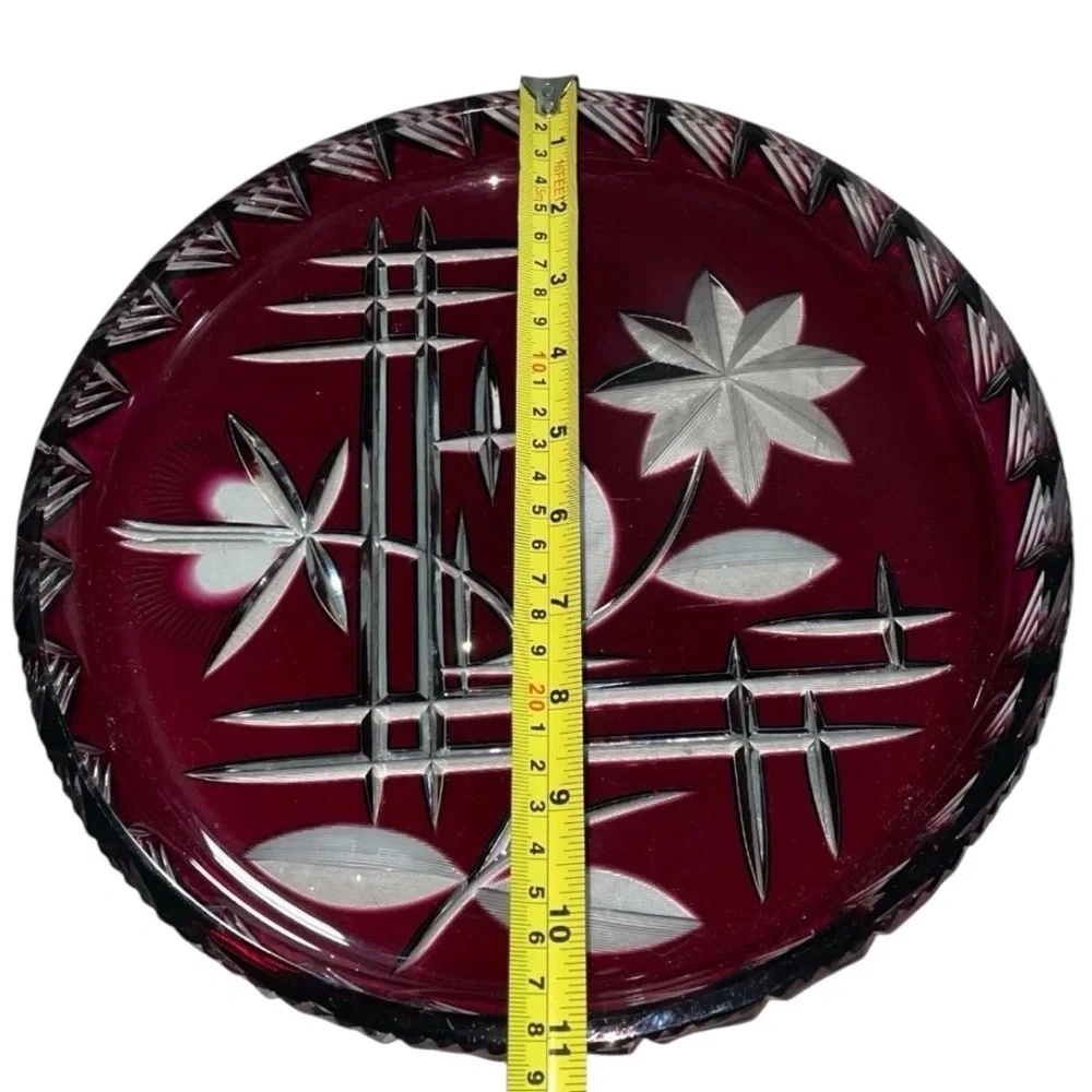 Bohemian Czech Ruby Cut to Clear Crystal Bowl Plate Centerpiece 11